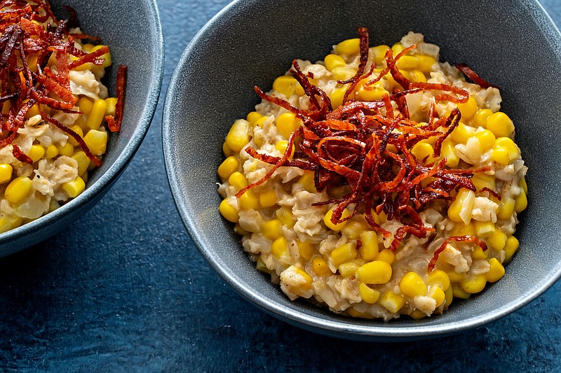 Corn and Cheese Oatmeal With Crispy Pepperoni (For The Washington Post/Scott Suchman)