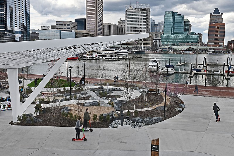 After Rash Field was turned into a skate park and playground, Baltimore residents are hoping the new ownership of Harborplace will redevelop the two pavilions to revive the Inner Harbor, here on April 9, 2022. (Kenneth K. Lam/Baltimore Sun/TNS)