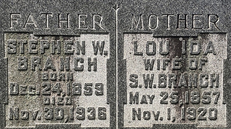 The monument of Stephen Walker Branch and Lou Ida Branch, parents of Ouida Bergere Rathbone, shone in the sun April 19 at Oakland and Fraternal Historic Cemetery in Little Rock. 
(Arkansas Democrat-Gazette/Celia Storey)