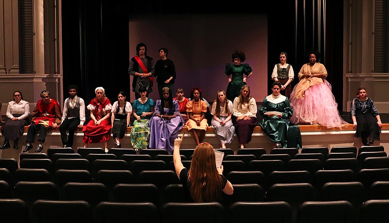 Capital City High School practices for their performance of "Cinderella" on Tuesday, April 19, 2022, at Miller Performing Art Center, in Jefferson City. First Student Director Madison Keep, center, informs students on the structure of the rehearsal. (Kate Cassady/News Tribune photo)
