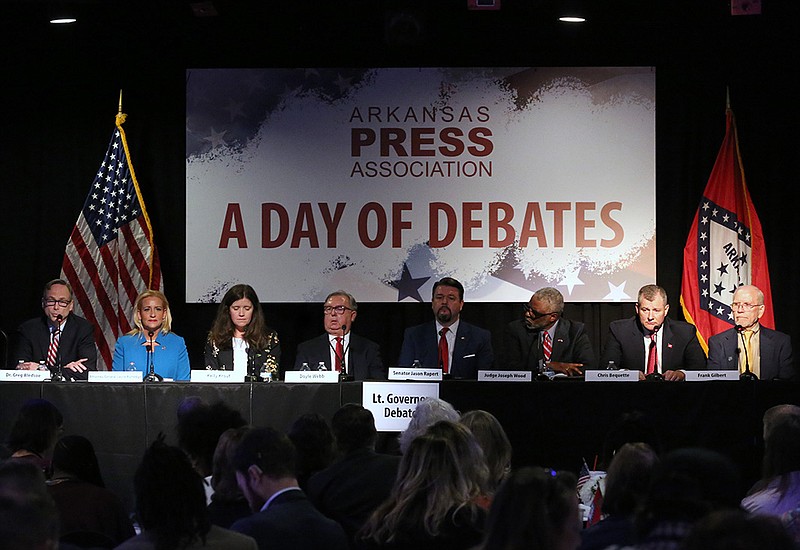 Candidates for Lt. Governor are introduced during the Arkansas Press Association Day of Debates on Thursday, April 21, 2022, at Little Rock Union Station.  
(Arkansas Democrat-Gazette/Thomas Metthe)