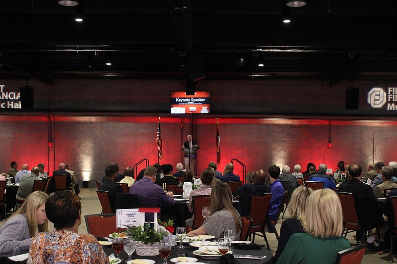 Arkansas Democrat-Gazette Senior Editor Rex Nelson delivers the keynote address during the El Dorado-Union County Chamber of Commerce's annual meeting on Wednesday, April 20, at the First Financial Music Hall. (Caitlan Butler/News-Times)