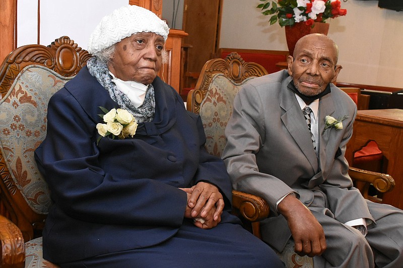 Arwilda, left, and Cleovis Whiteside were honored as Arkansas' longest married couple at the conclusion of service at Mt. Olive Missionary Baptist Church in the Barnes community on Sunday, April 24, 2022. (Pine Bluff Commercial/I.C. Murrell)