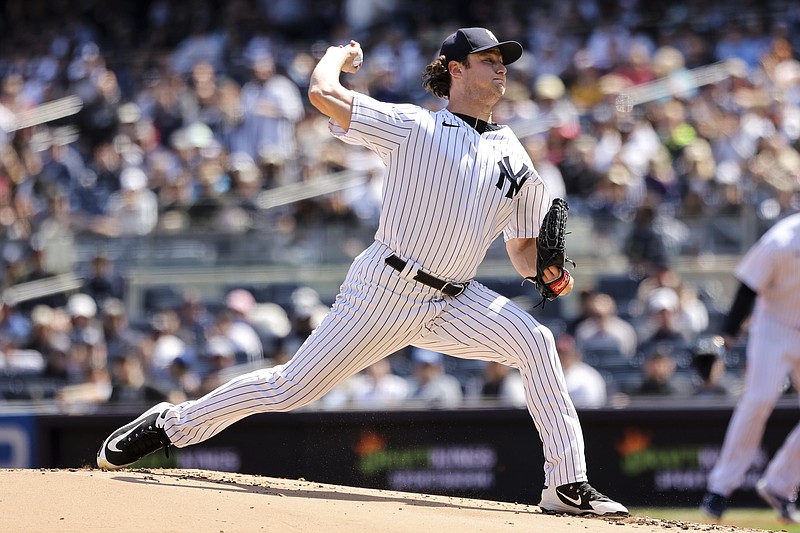 New York Yankees starting pitcher Gerrit Cole deals against the Cleveland Guardians during the first inning of a baseball game, Sunday, April 24, 2022, in New York. (AP Photo/Jessie Alcheh)