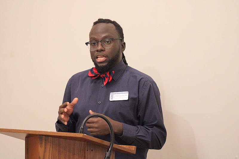 Photo By: Michael Hanich
SAU Tech's Marcus Copeland speaks to the audience of Kiwanis of Camden on April 14th