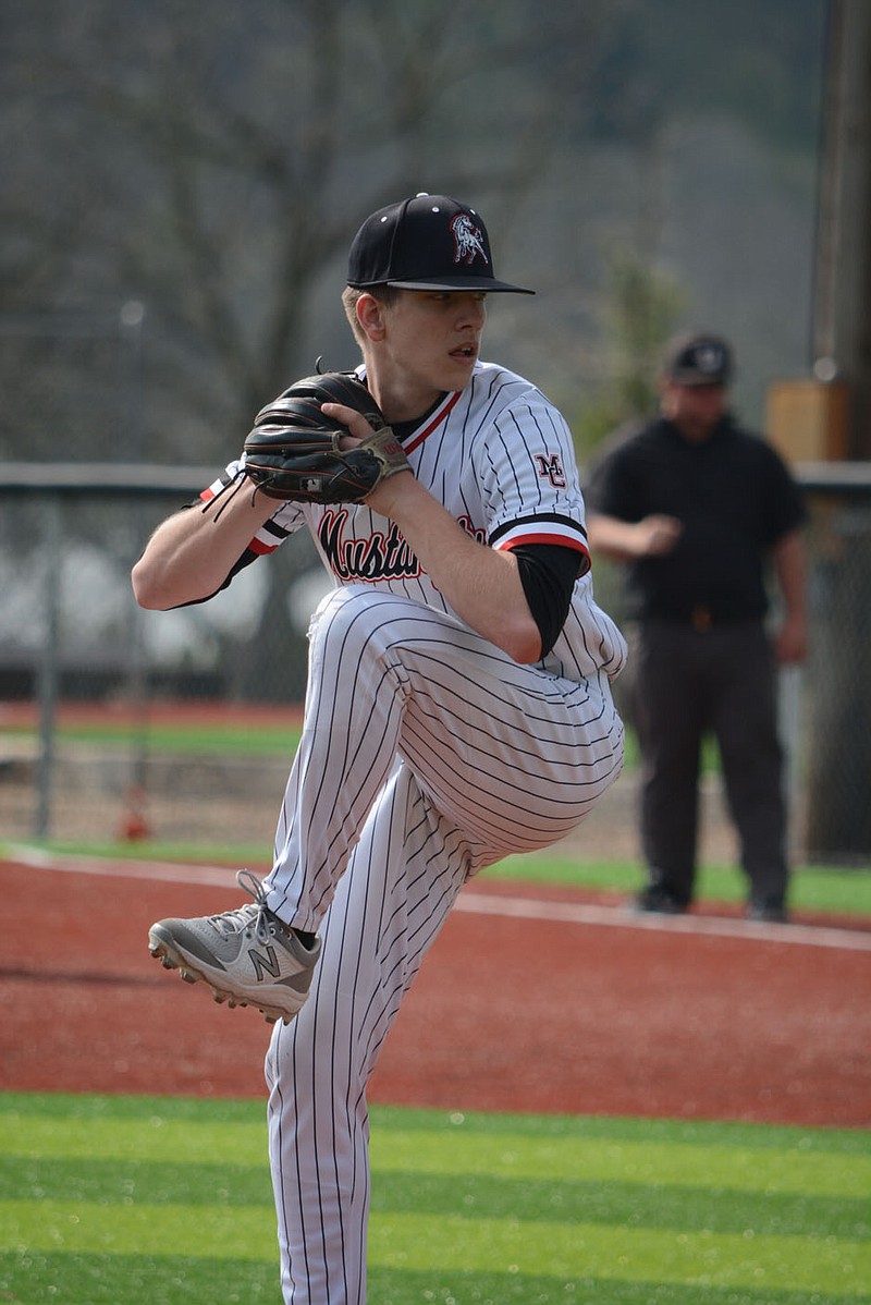 BENNETT HORNE/MCDONALD COUNTY PRESS
Cross Dowd recorded a no-hitter against the Cassville Wildcats on Thursday, April 21. The McDonald County junior struck out 13 batters in the Mustangs' 8-0 win.