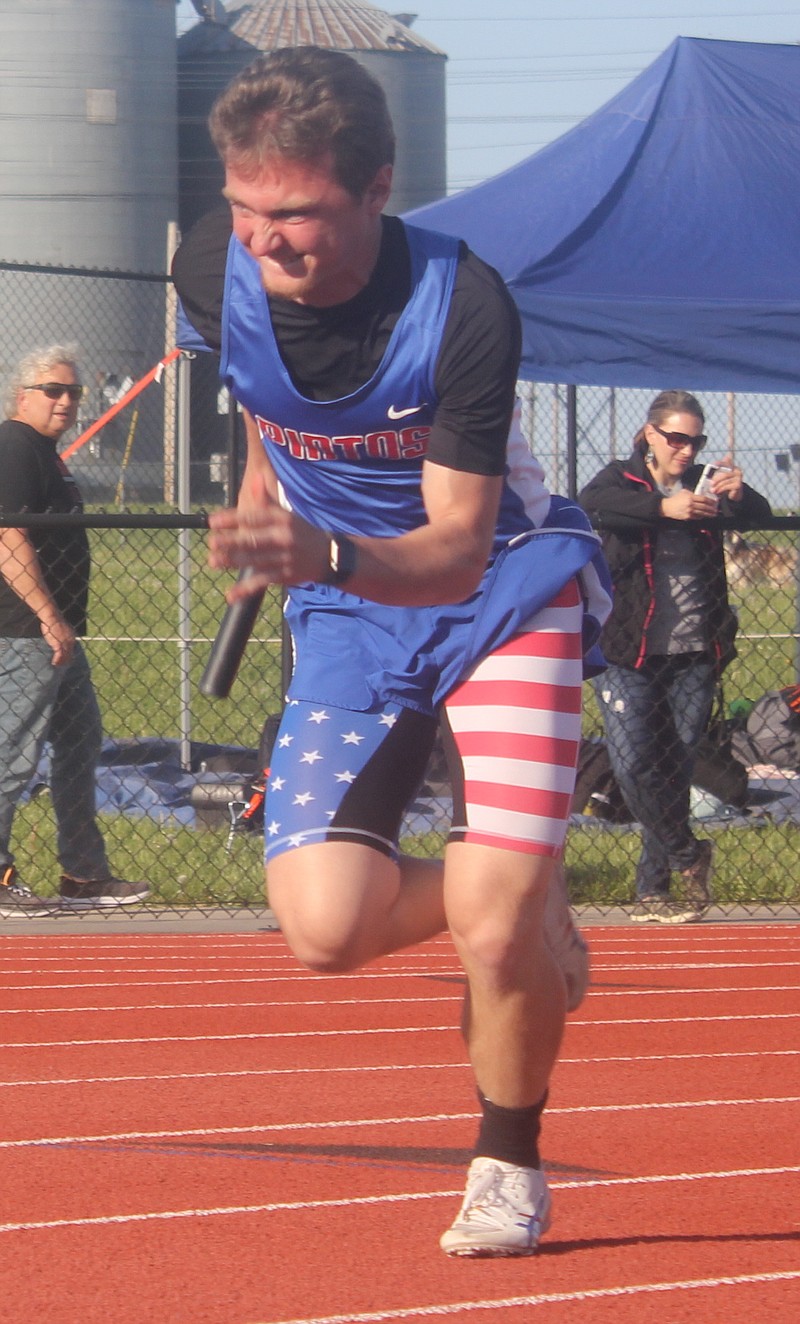 Senior Ryan Staton leads the Pintos charge to a fourth place finish in the boys 4x200 meter relay. California finished the relay with a time of 1:42.28