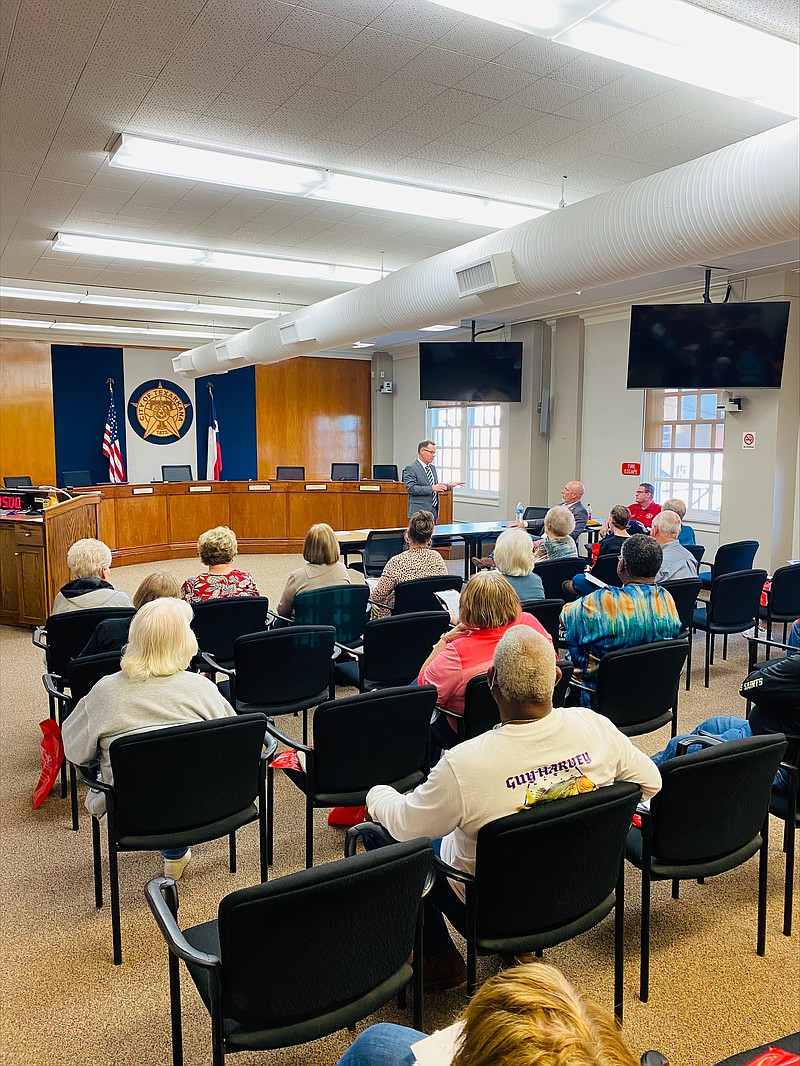 Local attorneys Jason Horton and John Ross speak to a group of local gun owners about asset protection in the event of a self-defense shooting during a recent community law class at City Hall in Texarkana, Texas. (Submitted photo)