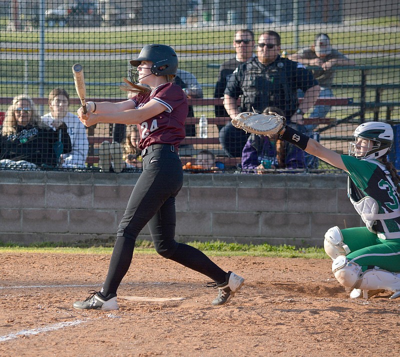 Graham Thomas/Siloam Sunday
Siloam Springs freshman Kaidence Prendergast hits a solo home run in the seventh inning against Van Buren in Game 1 of a 5A-West Conference doubleheader Tuesday at La-Z-Boy Park. Van Buren won Game 11-2 and completed the sweep with a 12-3 win in Game 2.