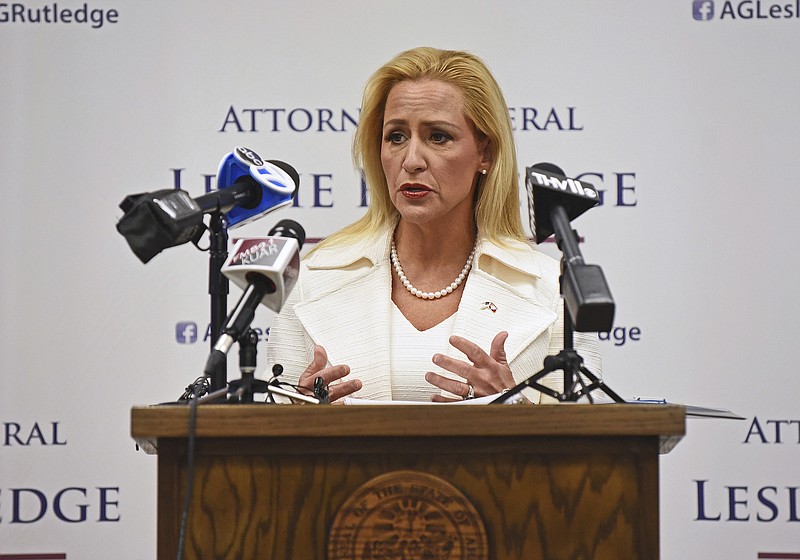 Arkansas Attorney General Leslie Rutledge speaks during a news conference to announce the lawsuit filed against Family Dollar following a rodent infestation at its West Memphis distribution center, Thursday, April 28, 2022, in Little Rock. (Arkansas Democrat-Gazette/Staci Vandagriff)