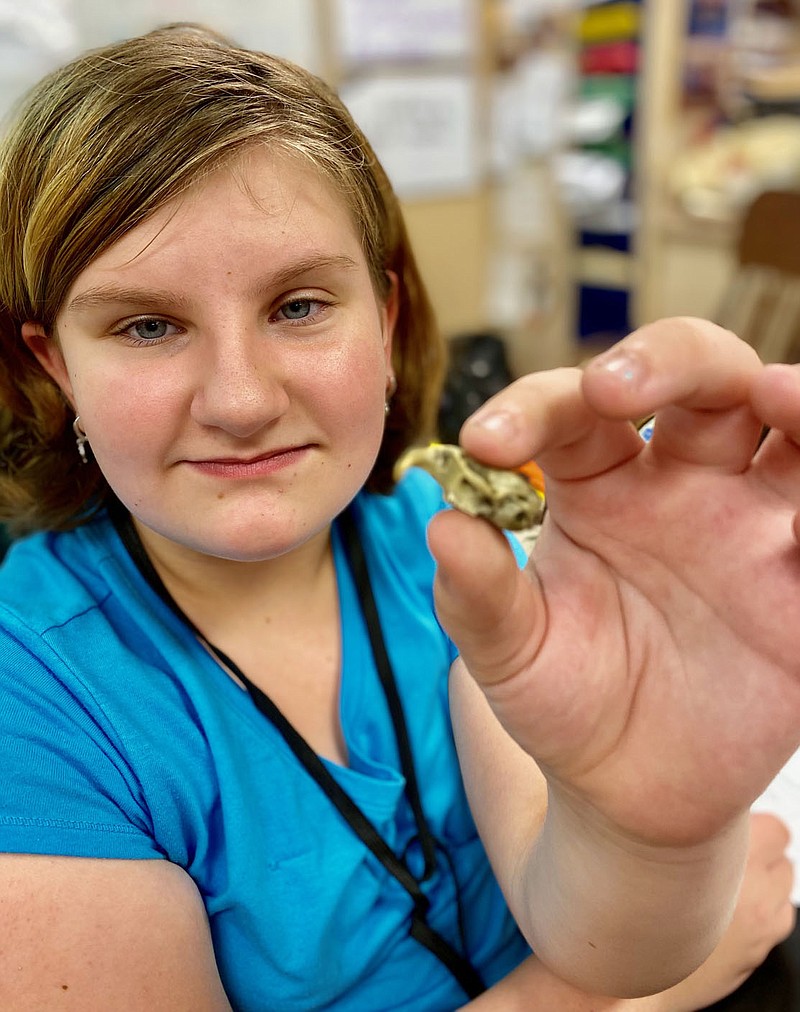 Submitted Photo
Gianna Smith, a student in Dorothy Hadley's fifth grade science class, displays a small skull she found during her dissection of an owl pellet. Analyzing the owl pellets to see what they contained was a part of the annual fall study of food chains and ecosystems.