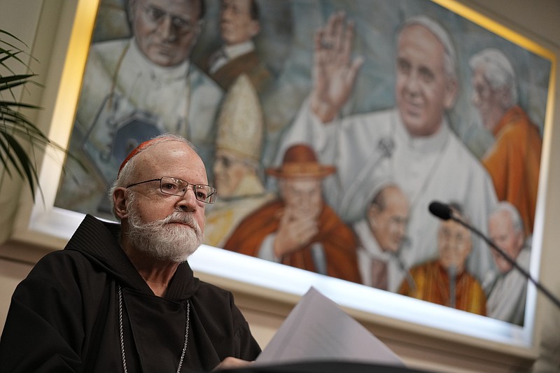 Boston Cardinal Seán Patrick O'Malley, head of the Pontifical Commission for the Protection of Minors, attends a press conference at The Vatican, Friday, April 29, 2022, after meeting with Pope Francis. Pope Francis called Friday for Catholic bishops conferences to create special centers to welcome victims of clergy sexual abuse to help them find healing and justice, as he warned that the faithful would continue losing trust in the hierarchy without more transparency and accountability. (AP Photo/Andrew Medichini)