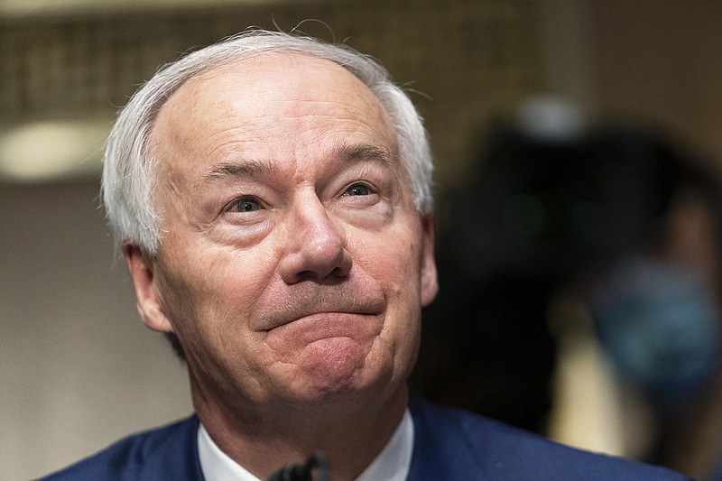 FILE - Arkansas Gov. Asa Hutchinson testifies before a Senate Judiciary Committee hearing on Capitol Hill, June 22, 2021 in Washington. On Sunday, May 1, 2022, Hutchinson said he is considering a presidential run in 2024 and his decision won&#x2019;t be affected by whether former President Donald Trump joins the race. (AP Photo/Manuel Balce Ceneta, File)