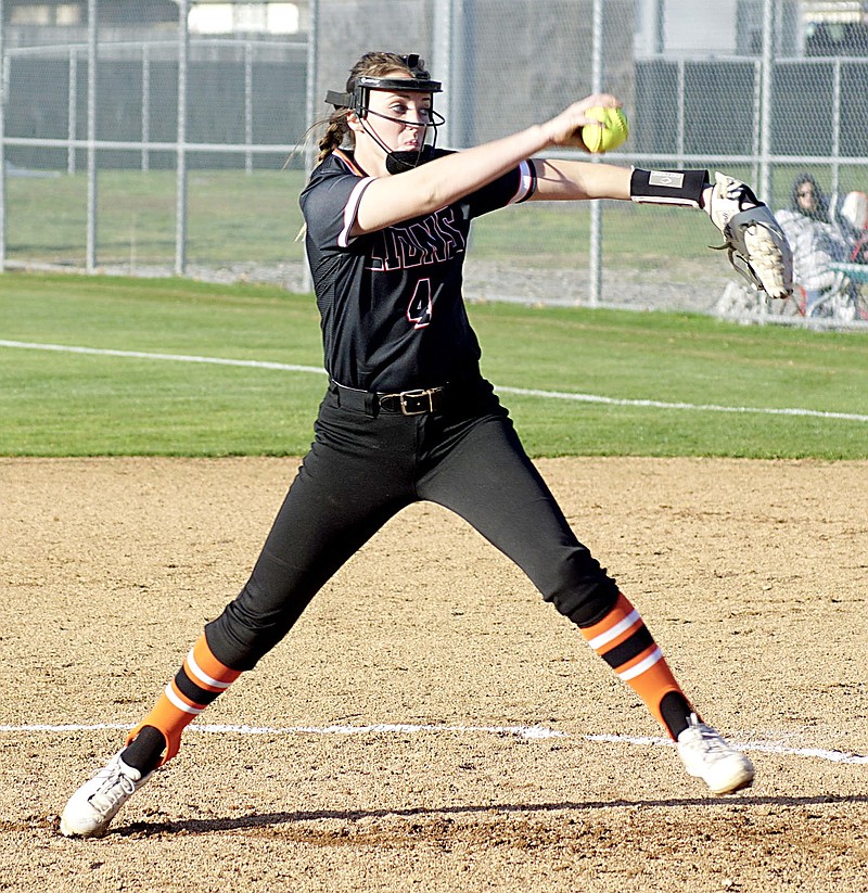 Westside Eagle Observer file photo/RANDY MOLL
Gravette pitcher Brooke Handle throws a pitch during play in Gentry on April 1.