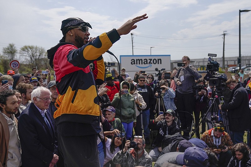 FILE - Christian Smalls, president of the Amazon Labor Union, speaks at a rally outside an Amazon facility on Staten Island in New York, Sunday, April 24, 2022. Amazon and the nascent group that successfully organized the company?s first-ever U.S. union are headed for a rematch Monday, May 2, 2022, when a federal labor board will tally votes cast by warehouse workers in yet another election on Staten Island. (AP Photo/Seth Wenig, File)