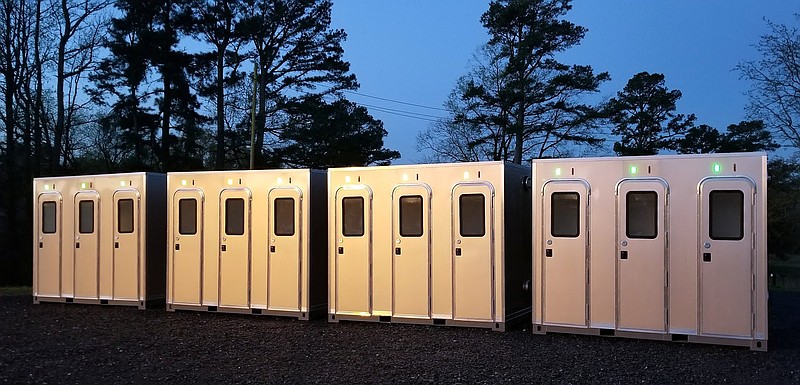 Public restroom stalls like these will soon be installed in the vicinity of Front Street Festival Plaza in downtown Texarkana, Arkansas. The city Board of Directors approved their purchase during a regular meeting Monday. The stalls will have power, water and sewer connections and will be air-conditioned. Their exact location has yet to be determined. (Photo courtesy City of Texarkana, Arkansas)
