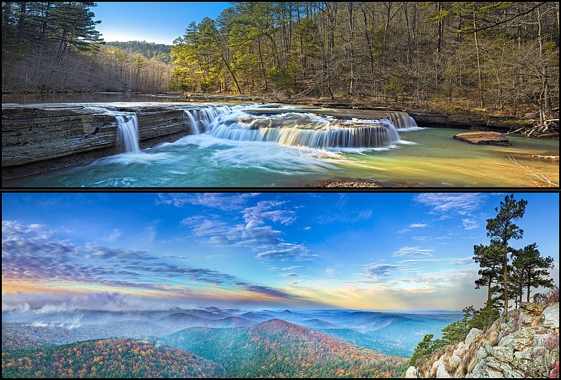 “Sunset at Haw Creek Falls” (top) and “Dawn at Flatside Pinnacle,” panoramic paintings by Paul Caldwell, are on display Friday-July 1 at Little Rock’s Cantrell Gallery. (Special to the Democrat-Gazette)