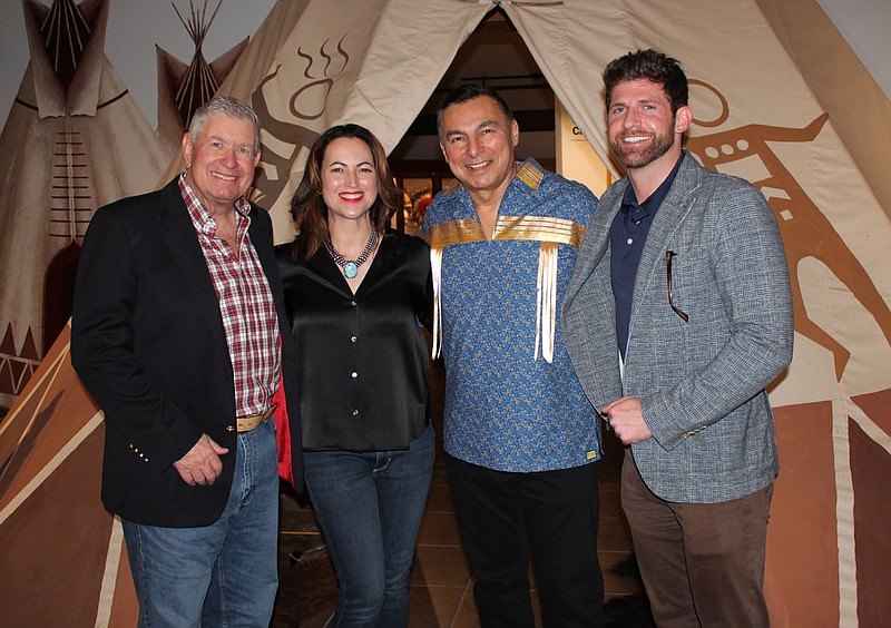 Museum of Native American History founder David and Tina Bogle (from left); Mark Ford, Feeding America native and tribal partnerships director; and Jacob Arnold, MoNAH board member gather at the Prairie to Table dinner April 22 at the Museum in Bentonville.
(NWA Democrat-Gazette/Carin Schoppmeyer)