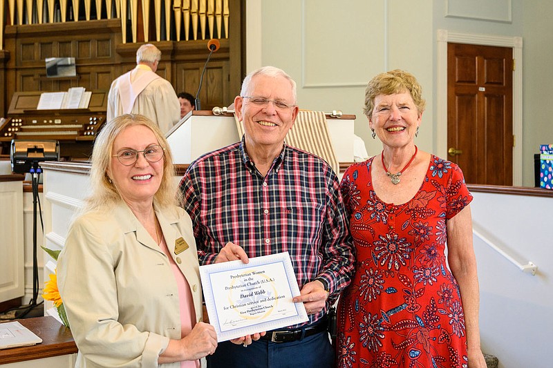 For his faithful years of service at First Presbyterian Church of Rogers, the Presbyterian Women awarded the 2022 Honorary Life Membership to David Webb on May 1. Pictured with Webb are Glennis Treptow and Karin Westerlund.

(Courtesy photo)