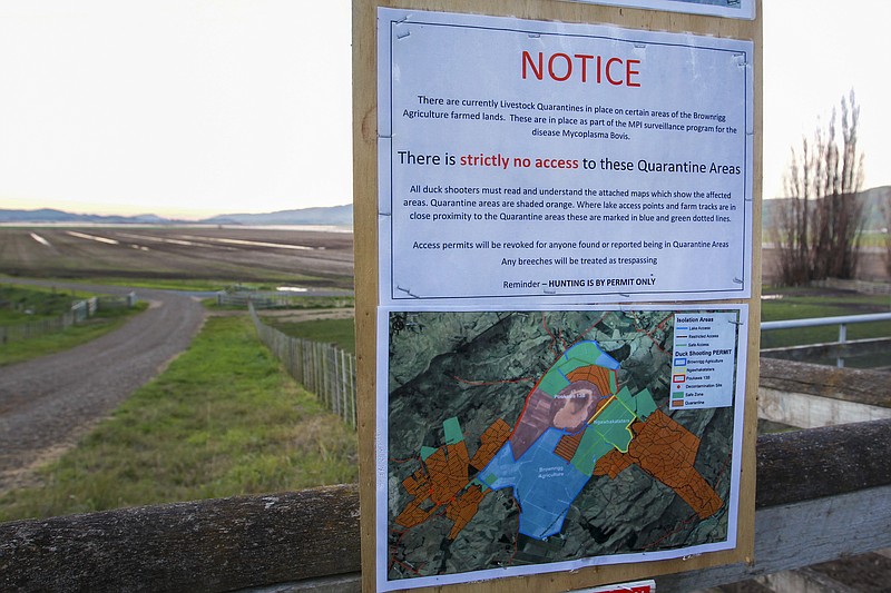 A sign on a farm limiting access to the property as part of the MPI surveillance program for the disease Micoplasma bovis, in the central Hawks Bay of New Zealand on June 15, 2018. New Zealand, Thursday, May 5, 2022, is on the verge of eradicating a bacterial disease from its herd of 10 million cows, with only a single farm left with the disease Mycoplasma bovis. (Duncan Brown/Hawke's Bay Today via AP)