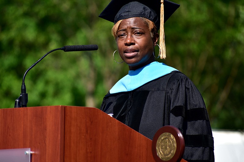 Dr. Ruth D. Jones of the NASA Marshall Space Flight Center delivers the keynote address at UAPB's spring commencement Saturday, May, 7, 2022, at Simmons Bank Field at Golden Lion Stadium. (Pine Bluff Commercial/I.C. Murrell)