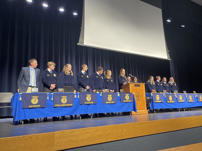 California FFA officers give a presentation to friends and family during their end of the year banquet at the California Performing Arts Center on May 3, 2022. (Democrat photo/Kaden Quinn)