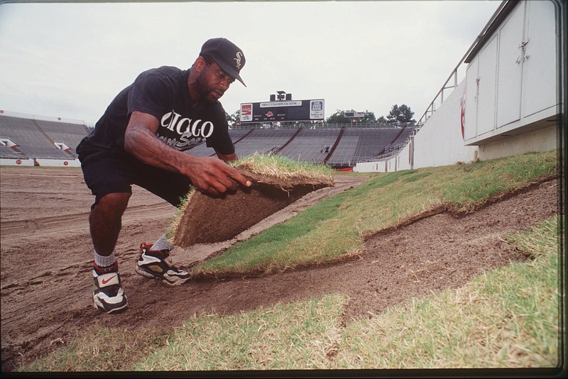 Vance Dedmon, working for P.C. Sports Inc., places sod June 14, 1994, along the berm of the War Memorial Stadium playing field. The playing field, converted to Astroturf more than 20 years before, was to be seeeded with natural grass. (Arkansas Democrat-Gazette fle photo))