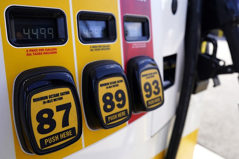 Gasoline prices are displayed at a gas station in Vernon Hills, Ill., Friday, April 1, 2022. The dollars-and-cents counter on the gas pump seems to be spinning faster these days, with U.S. gasoline prices hitting another record high on Tuesday, May 10.  (AP Photo/Nam Y. Huh, File)