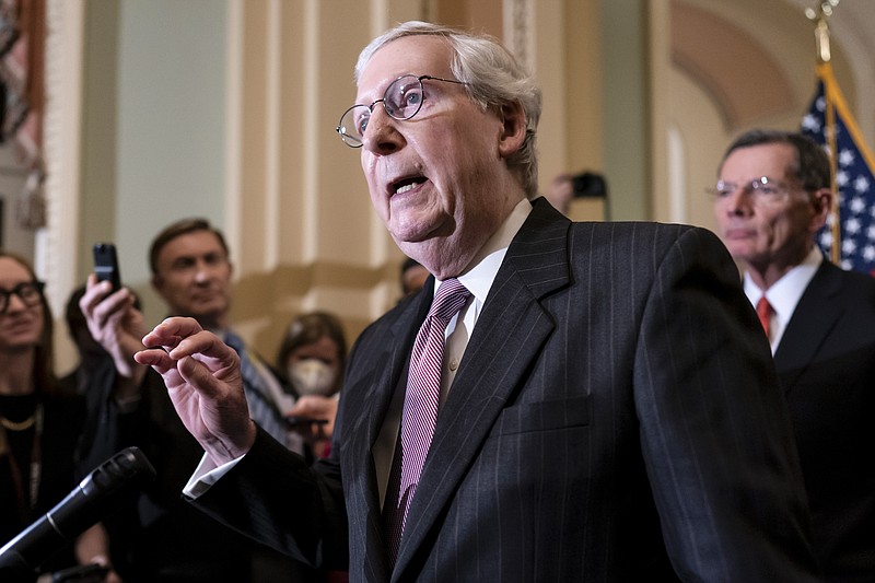 Senate Minority Leader Mitch McConnell, R-Ky., speaks to reporters ahead of a procedural vote on Wednesday to essentially codify Roe v. Wade, at the Capitol in Washington, Tuesday, May 10, 2022. (AP Photo/J. Scott Applewhite)