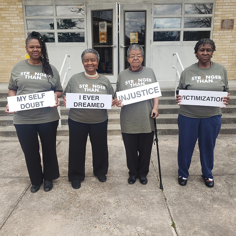 Arkansas participants and their “STRONGER THAN” signs include Agnolia Gay -- My Pain; Sybil Hampton, Ed.D -- I Ever Dreamed; Elizabeth Eckford, member of the Little Rock 9 -- Injustice; and Robin White -- Victimization. (Special to The Commercial)