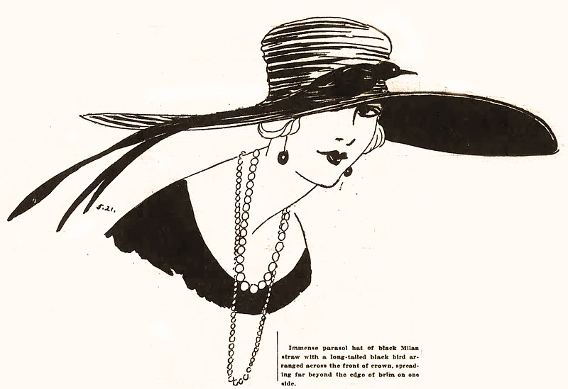 Immense parasol hat of black Milan straw with a long-tailed black bird arranged across the front of the crown, spreading far beyond the edge of the brim on one side. From the May 21, 1922, Arkansas Gazette. (Democrat-Gazette archives)