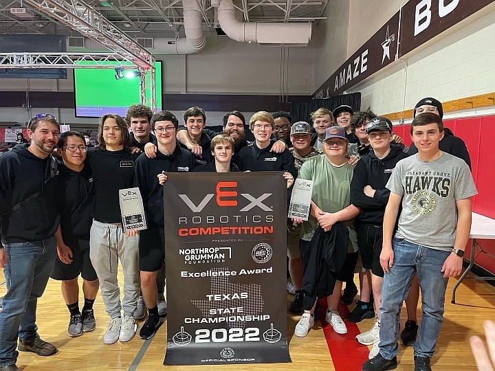 Pleasant Grove High School robotics teams recently participated in the 1A-4A UIL VEX Robotics State Championship, with the Magnificent 7 taking the championship. Pictured are, from left, Colton Mullins, Joseph Boyajain, Logan Knowles, Michael Glenn, Joseph Ethridge, Chris Brannan, Caleb Watson, Jacob Jones, George Matthews, Mathew Thomas, Chase Bolton, Andy Hilton, Jakob Fontenot, Andrew Smith, Chris Ayers, Dylan Yost and Kelin Formes. Not Pictured Rose Anderson, Nathan Hutcheson, Campbell Jackson, Brooks Beck and Evan Damron. (Photo courtesy of PGISD)