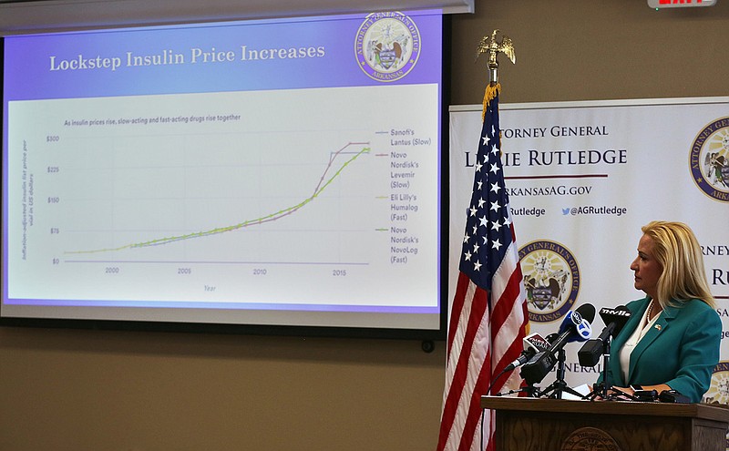 Arkansas Attorney General Leslie Rutledge discusses a chart showing how three pharmaceutical companies raised prices of insulin during a press conference on Wednesday, May 11, 2022, in Little Rock. (Arkansas Democrat-Gazette/Thomas Metthe)