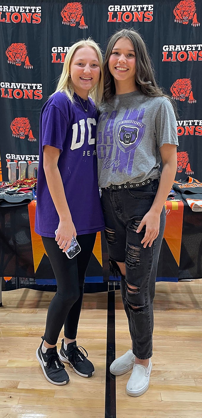 SUBMITTED
Gravette senior cheerleaders Stormey Jo Pembleton and Isabella Holloway signed their letters of intent on April 25 to cheer at the University of Central Arkansas in Conway for the 2022-2023 school year.