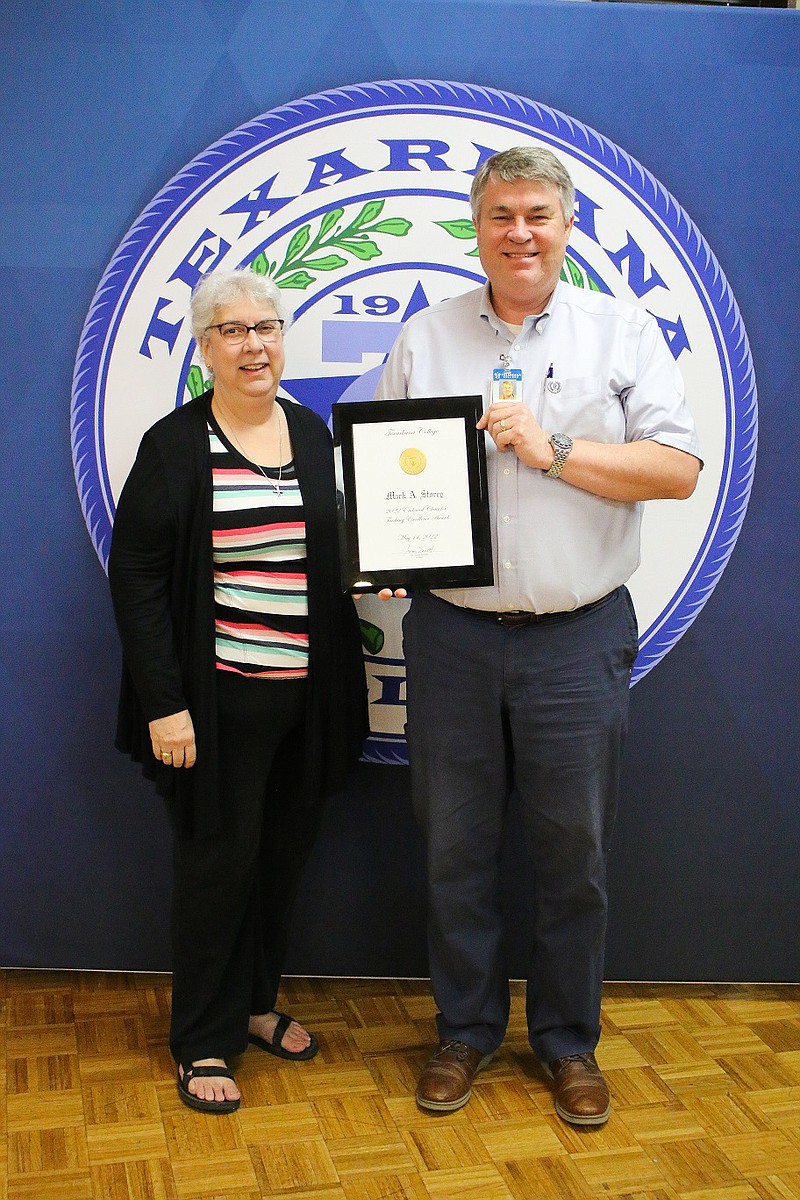 Nancy Lyn Storey, left, and Mark Storey receive Texarkana College’s Endowed Chair for Teaching Excellence Award on Wednesday, May 11, 2022, at TC’s Spring Awards Ceremony in Texarkana, Texas. (Photo courtesy of TC)