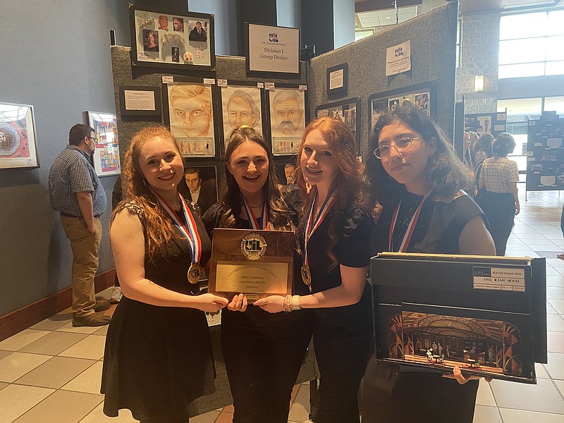 Pleasant Grove High School students, from left, Kaylee Sexson, Allyana Galvan, Skyler Kemp and Eilidh Macdonald pose with their trophies for winning the UIL theatrical design state championship Wednesday, May 4, 2022, in Round Rock, Texas. (Photo courtesy of PGISD)
