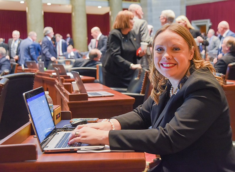 State Rep. Sara Walsh, R-Ashland, is shown at the conclusion of Wednesday's opening session of Missouri's 101st General Assembly. Walsh, whose husband Steve Walsh died in August of 2021, is back in the Capitol carrying out her duties as an elected representative. (Julie Smith/News Tribune photo)
