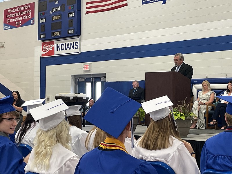 Cole R-I Superintendent Perry Gorrell addresses Russellville High School seniors during their graduation ceremony on Friday, May 13, 2022. (Kaden Quinn/News Tribune photo)