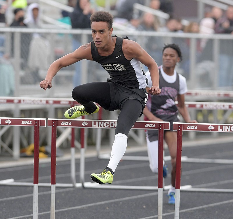 Caden Callahan of West Fork clears a hurdle May 3 during the Class 3A State Track and Field meet in Lincoln. Visit nwaonline.com/220518Daily/ for daily galleries.
(NWA Democrat-Gazette/J.T. Wampler)