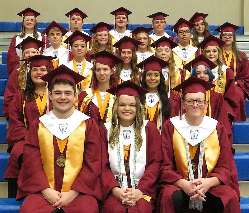 Westside Eagle Observer/RANDY MOLL
Gentry High School's honor graduates, including valedictorian William Pyburn (front, left), class president Georgia Lashley (front, center) and salutatorian Jonathan Digby (front, right), posed for a group photo prior to graduation ceremonies at John Brown University in Siloam Springs on Friday.