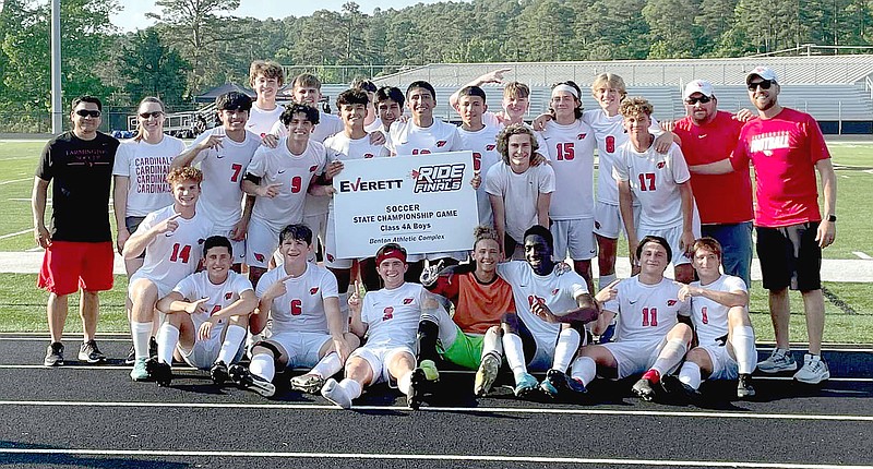 Submitted Photo/Farmington's boys soccer team poses after defeating De Queen, 1-0, in the Class 4A state semifinals Saturday at Little Rock. The win advances the Cardinals into their first-ever state championship soccer match against Clarksville on Friday, May 20, 2022, at the Benton Athletic Complex in Benton. Senior Mateo Carbonel scored the winning goal in the semifinal victory.