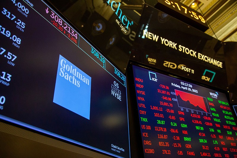 A monitor with Goldman Sachs signage is seen on the floor of the New York Stock Exchange in New York on April 29, 2022. MUST CREDIT: Bloomberg photo by Michael Nagle