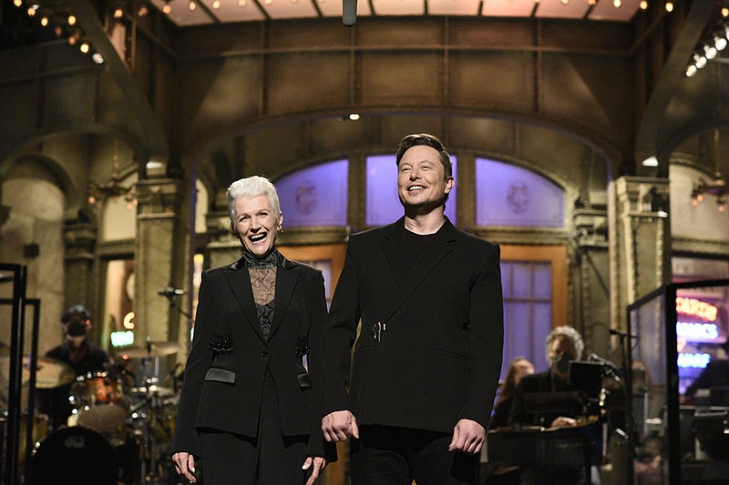 Saturday Night Live host Elon Musk with his mother, Maye, during the monologue on May 8, 2021. (Will Heath/NBC/TNS)