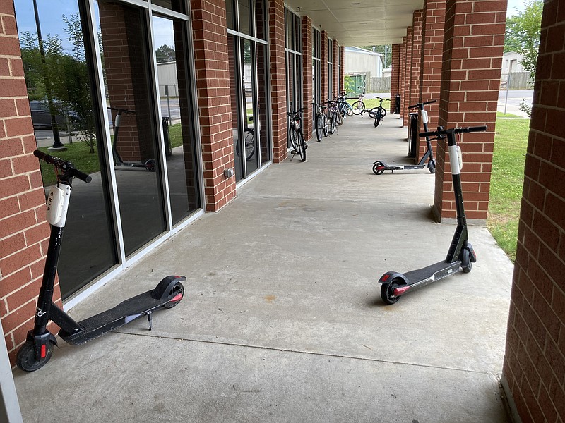 Bird scooters are parked at the Delta Residential Hall on the University of Arkansas-Pine Bluff campus. (Pine Bluff Commercial/Byron Tate)