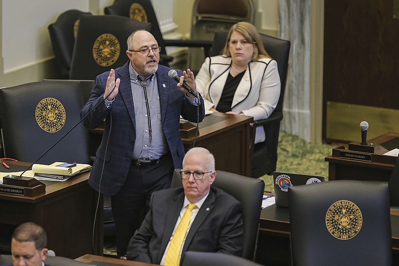 Rep. Justin Humphrey, R-Lane urges lawmakers to vote yes on House Bill 4327 during debate in the House of Representatives at the state Capitol in Oklahoma City, Thursday, May 19, 2022. Oklahoma's Legislature gave final approval Thursday to another Texas-style anti-abortion bill that providers say will be the most restrictive in the nation once the governor signs it. (Nathan J Fish/The Oklahoman via AP)