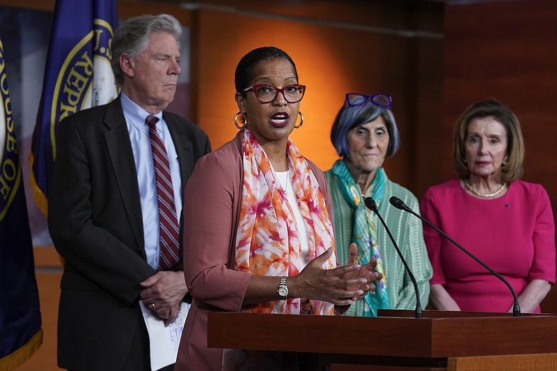 Rep. Jahana Hayes, D-Conn., chair of the House Subcommittee on Nutrition, joined from left by House Energy and Commerce Chairman Frank Pallone, D-N.J., Rep. Rosa DeLauro, D-Conn., the House Appropriations Committee chair, and Speaker of the House Nancy Pelosi, D-Calif., talks to reporters as House Democrats unveil a $28 million emergency spending bill to address the shortage of infant formula in the United States, at the Capitol in Washington, Tuesday, May 17, 2022. DeLauro, the chair of the House Appropriations Committee, says the bill would help the Food and Drug Administration take important steps to restore the formula supply in a safe and secure manner. (AP Photo/J. Scott Applewhite)