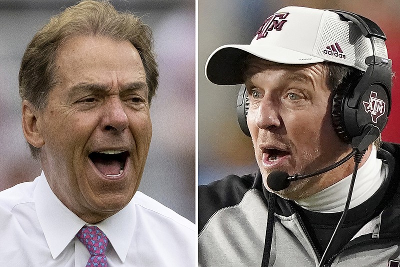 FILE - At left, Alabama head coach Nick Saban yells to the sideline during the first half of Alabama's NCAA college football scrimmage, Saturday, April 16, 2022, in Tuscaloosa, Ala. At right, Texas A&amp;M coach Jimbo Fisher reacts to an official's call during the second half of the team's NCAA college football game against Mississippi, Saturday, Nov. 13, 2021, in Oxford, Miss. Texas A&amp;M coach Jimbo Fisher called Nick Saban a &#x201c;narcissist&#x201d; Thursday, May 19, 2022. after the Alabama coach made &#x201c;despicable&#x201d; comments about the Aggies using name, image and likeness deals to land their top-ranked recruiting classes. Saban called out Texas A&amp;M on Wednesday night for &#x201c;buying&#x201d; players. (AP Photo/File)