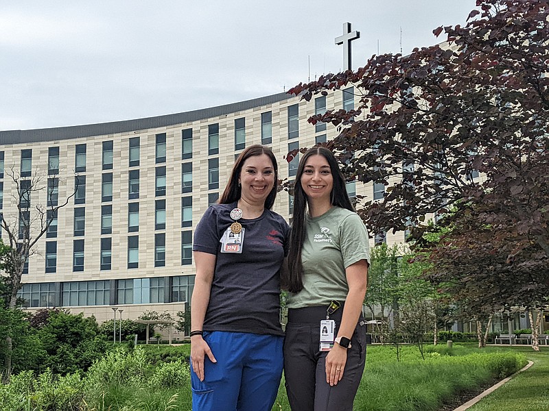 Jenny Akin, a nurse of nine years, and Maggie Morris, a Lincoln University nursing student and patient care technician, are sisters that work together at SSM St. Mary's Hospital in Jefferson City. Morris served alongside her sister as a summer intern during the height of the COVID-19 Delta Variant. (Ryan Pivoney/News Tribune photo)