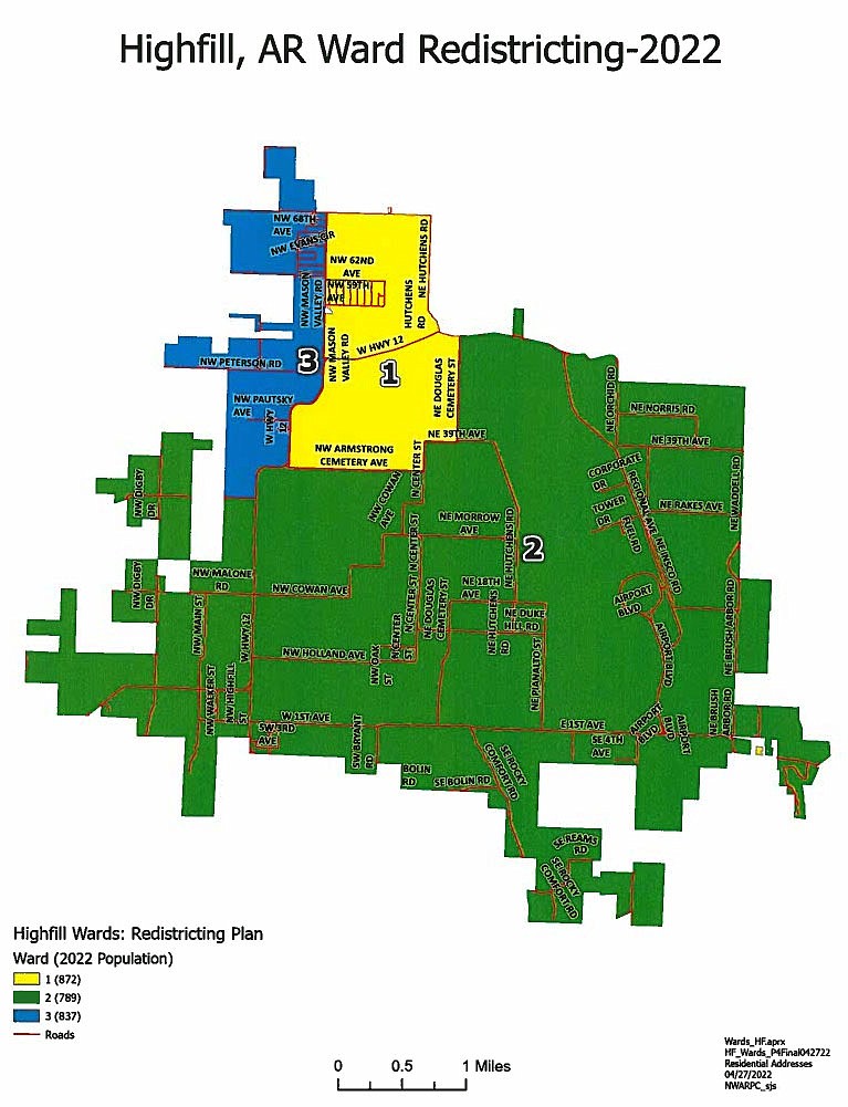 SUBMITTED
This zoning map, prepared by the Northwest Arkansas Planning Commission, includes the latest population figures to balance Highfill's three zones.
