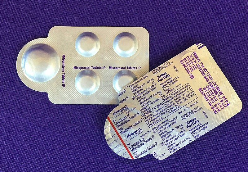 Image dated May 8, 2020, courtesy of Plan C, shows a combination pack of mifepristone, left, and misoprostol tablets, two medicines used together, also called the abortion pill. (Elisa Wells/PLAN C/AFP/Getty Images/TNS)